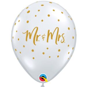 Latexballon 28 cm Weiß mit Goldschrift Mr&Mrs und Punkten – Hochzeitsdeko