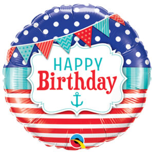 Folienballon HAPPY Birthday, Motiv Fähnchen, blau - rot, rund, 45cm