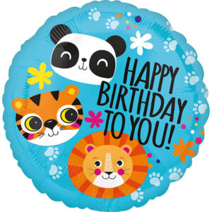 Happy Birthday, Wilde Tiere, Folienballon, rund, 43cm