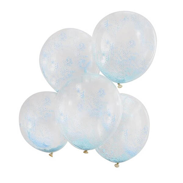 Latexballons transparent, gefüllt mit hunderten blauer Kügelchen, 5 Stck. D 30 cm