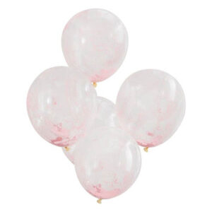 Latexballons transparent, gefüllt mit hunderten rosa Kügelchen, 5 Stck. D 30 cm