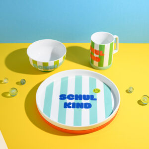 Schulkind Porzellan Set / Streifen, türkis und grün