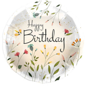 Happy Birthday, Blumen, weiß, rund, Folienballon 45cm