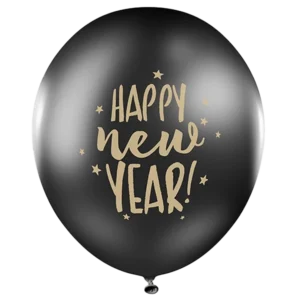 Happy New Year, Latexballon schwarz gold bold, 28cm